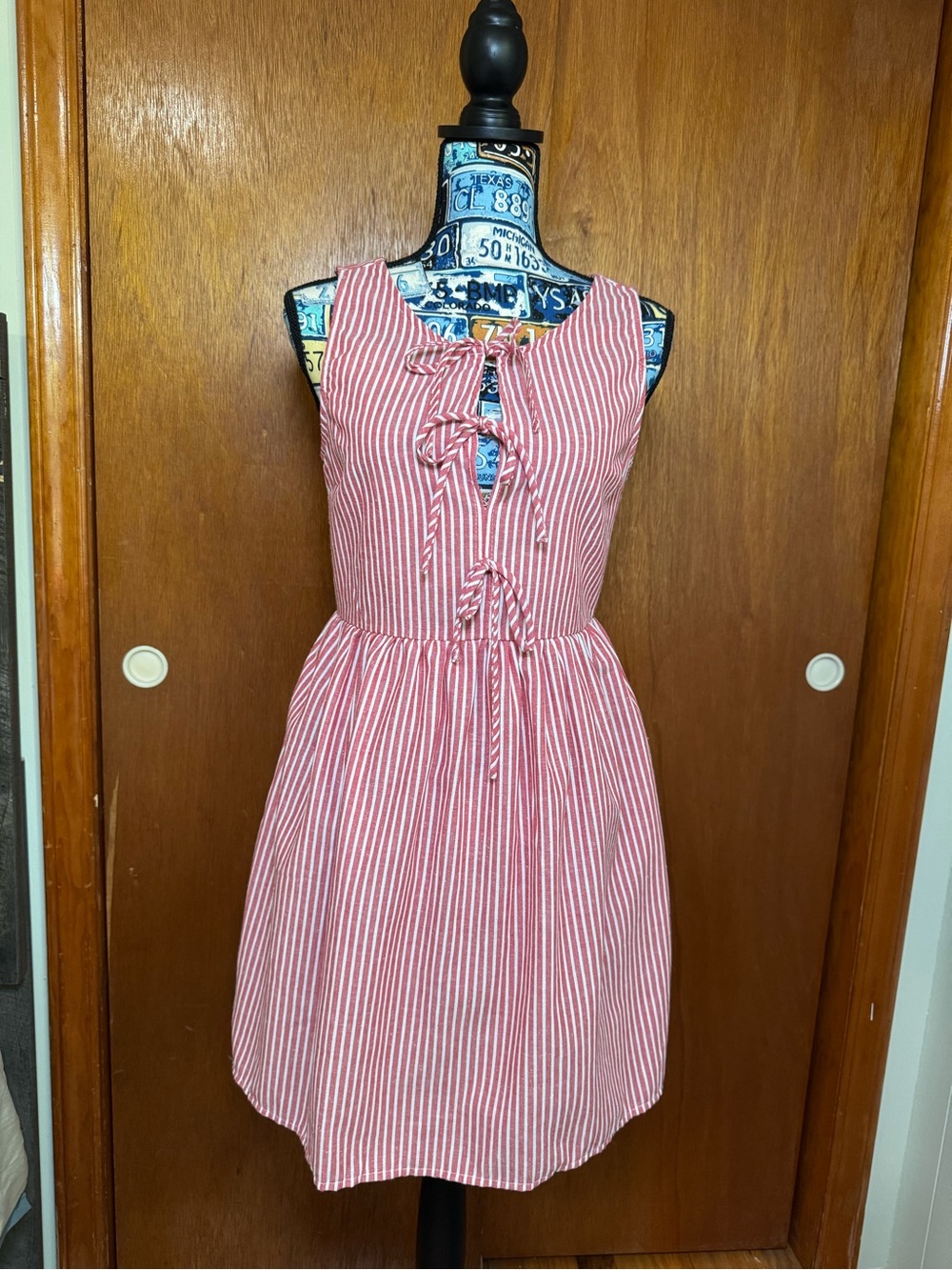 Sleeveless Red & White Striped Midi Dress with Front Tie Detail